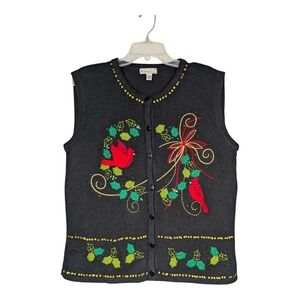 M Kim Rogers Womens Cardigan Vest Black‎ Holiday Cardinal Bird Christmas Sweater